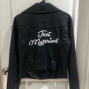 Black Faux Leather Jacket with White 'Just Married' Embroidery